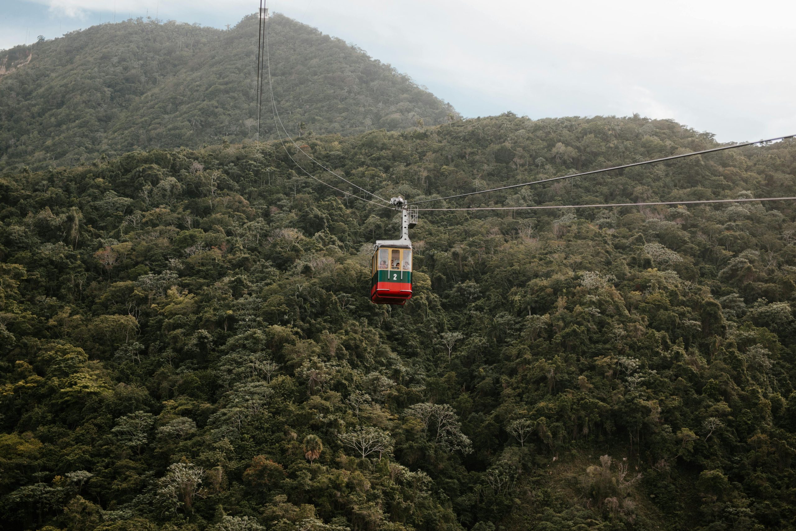 Experience a high-altitude cable car journey above verdant hills and dense wilderness.